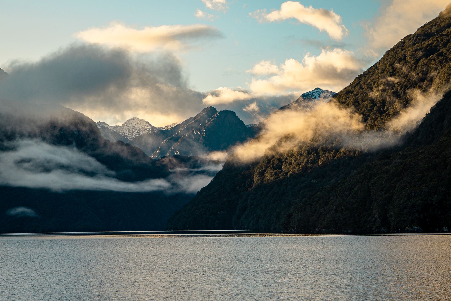 Fiordland misty peaks in New Zealand